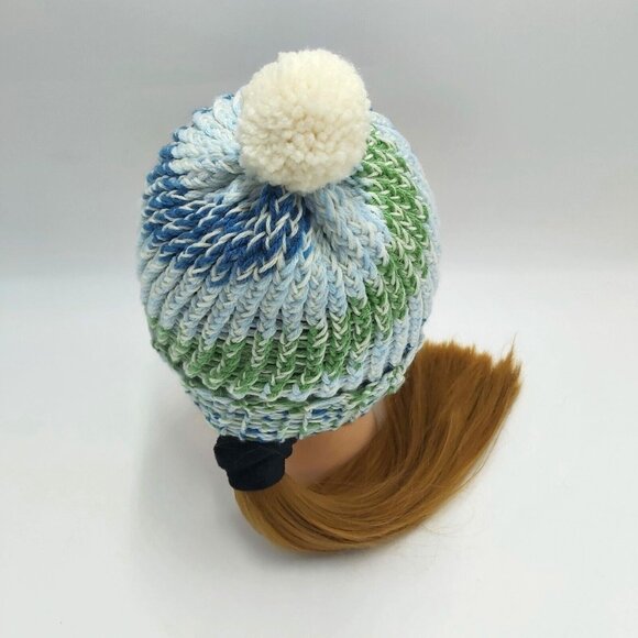 Fingerless Gloves Beanie Hat Toque Pompom Small Blue Green Handmade Loom Knit - Picture 7 of 16